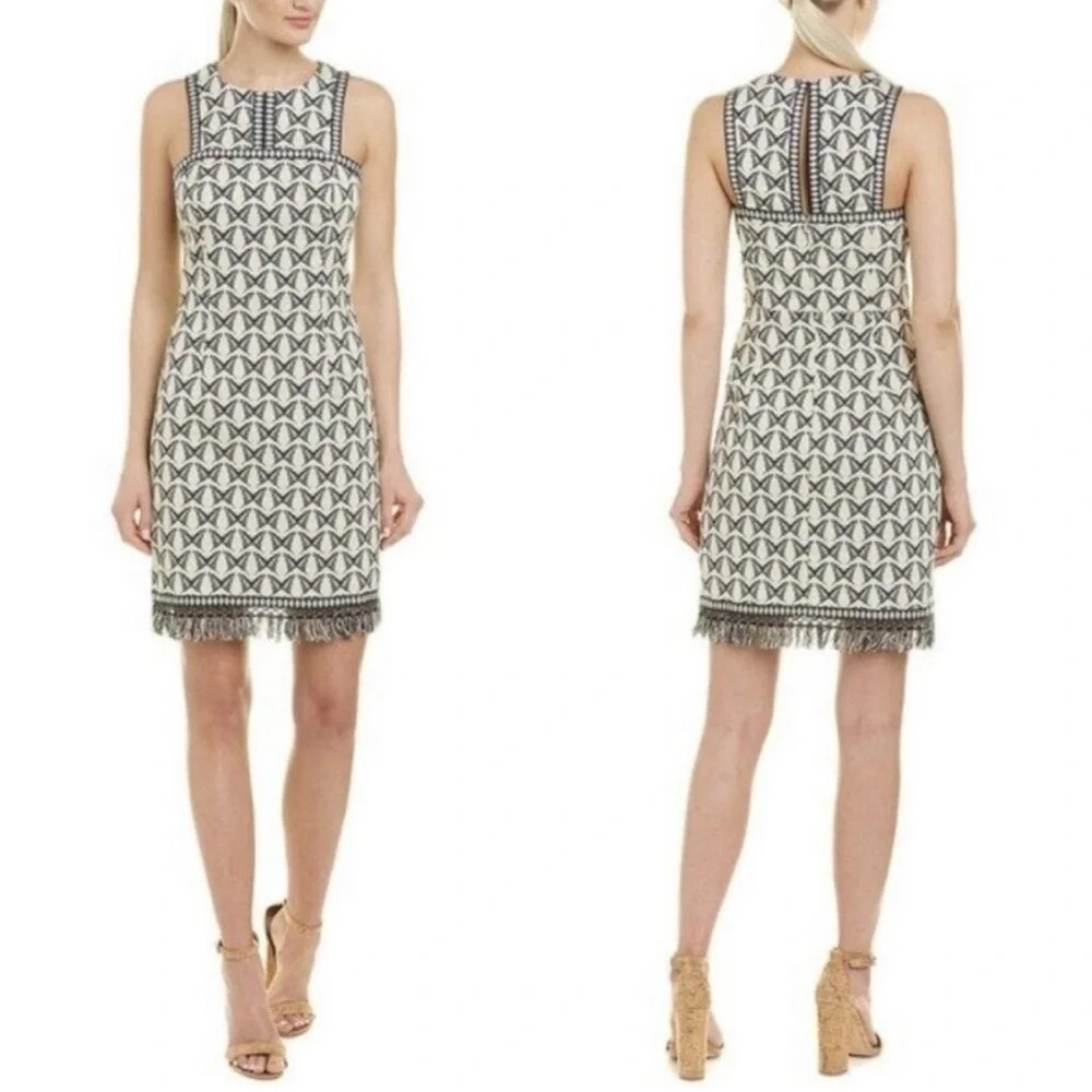 Trina Turk butterfly dress Pacific Butterfly jacquard fringe indigo ivory size 6 - Picture 11 of 14